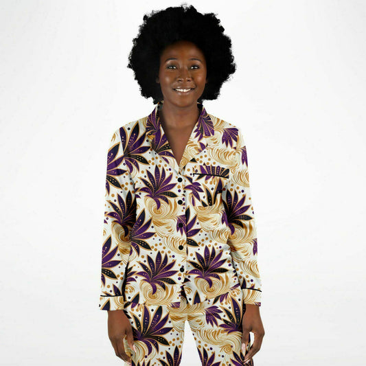 Purple Gold Ankara Wax Print Satin Pajama Set | Plus Size Satin Pajamas