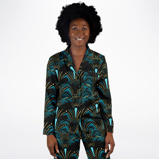 Zanzibar Blue & Ebony Black African Print Satin Pajama Set, Plus Size Nightwear for Women