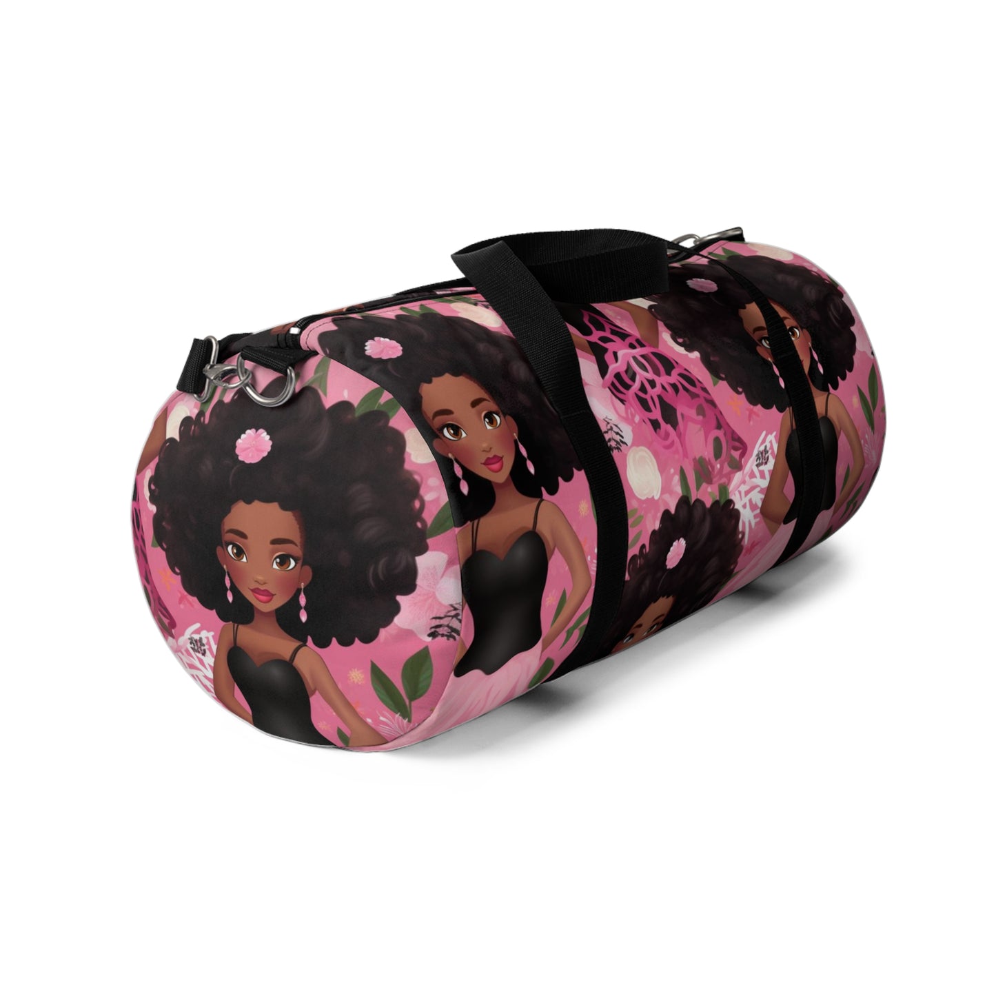 Black Baby Doll Print Duffle Bag, African American Doll Themed Overnight Bag