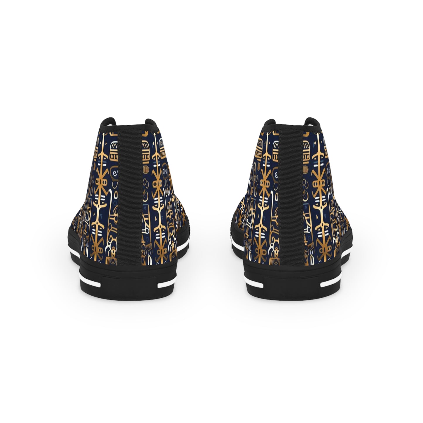 Golden Shamanic Serenity Afrocentric Print Men's Hi-Top Shoes, Navy Blue & Gold Tribal Print Mens Fashionable Shoes