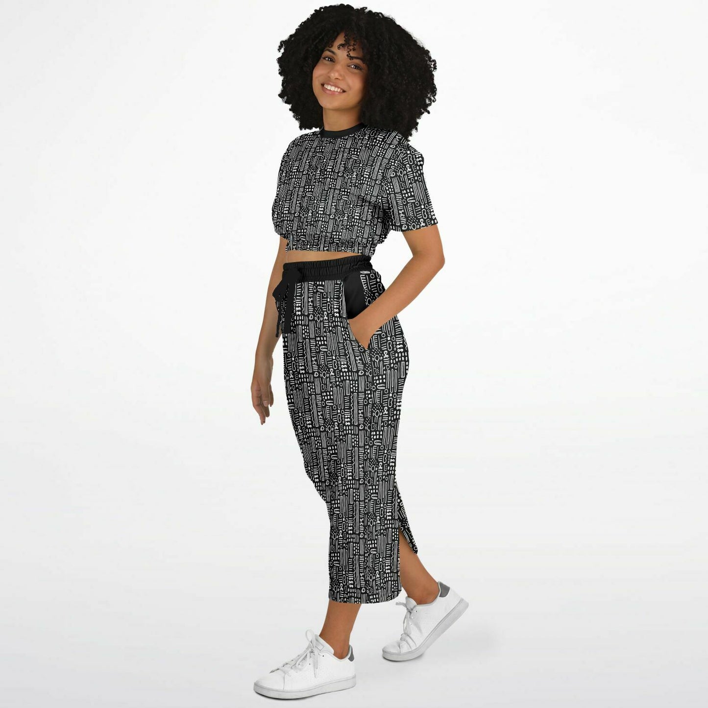 Black & White African Mud Cloth Cropped Sweatshirt & Long Skirt Set, Minimalist Ethnic Print Fashion