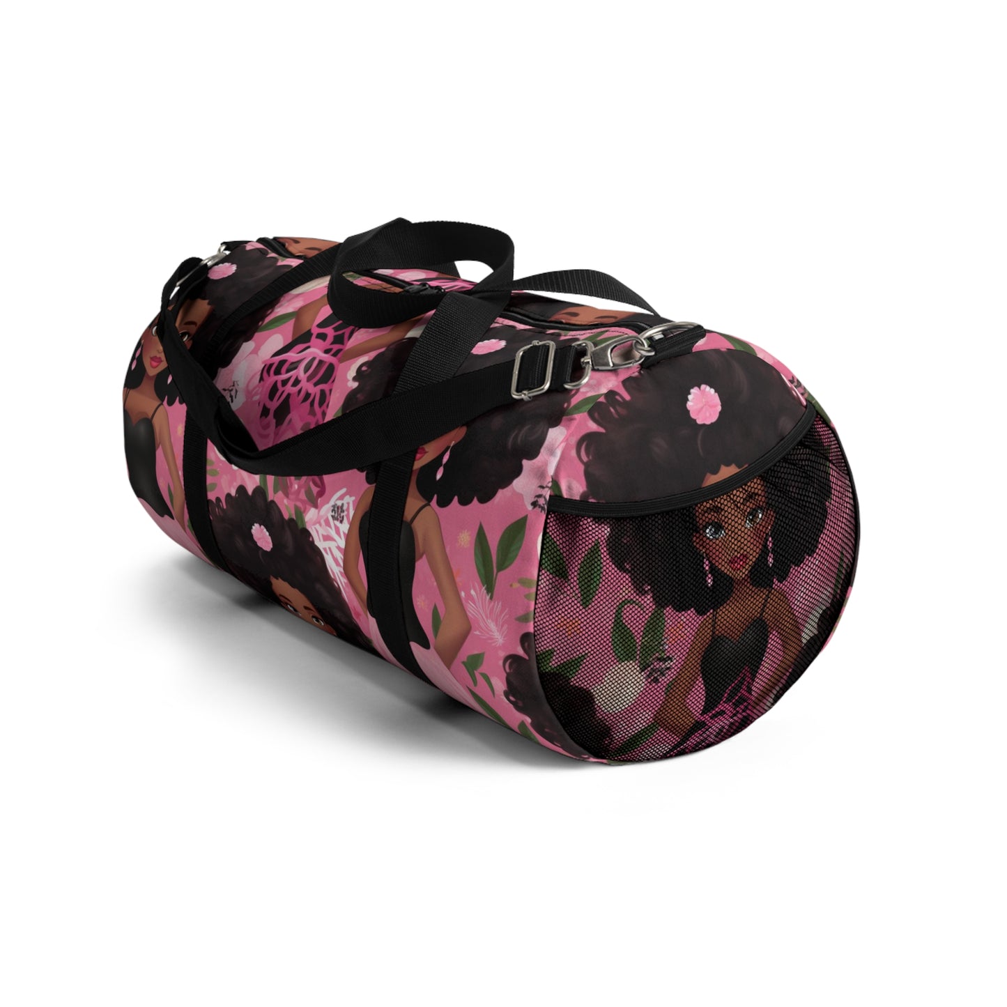 Black Baby Doll Print Duffle Bag, African American Doll Themed Overnight Bag