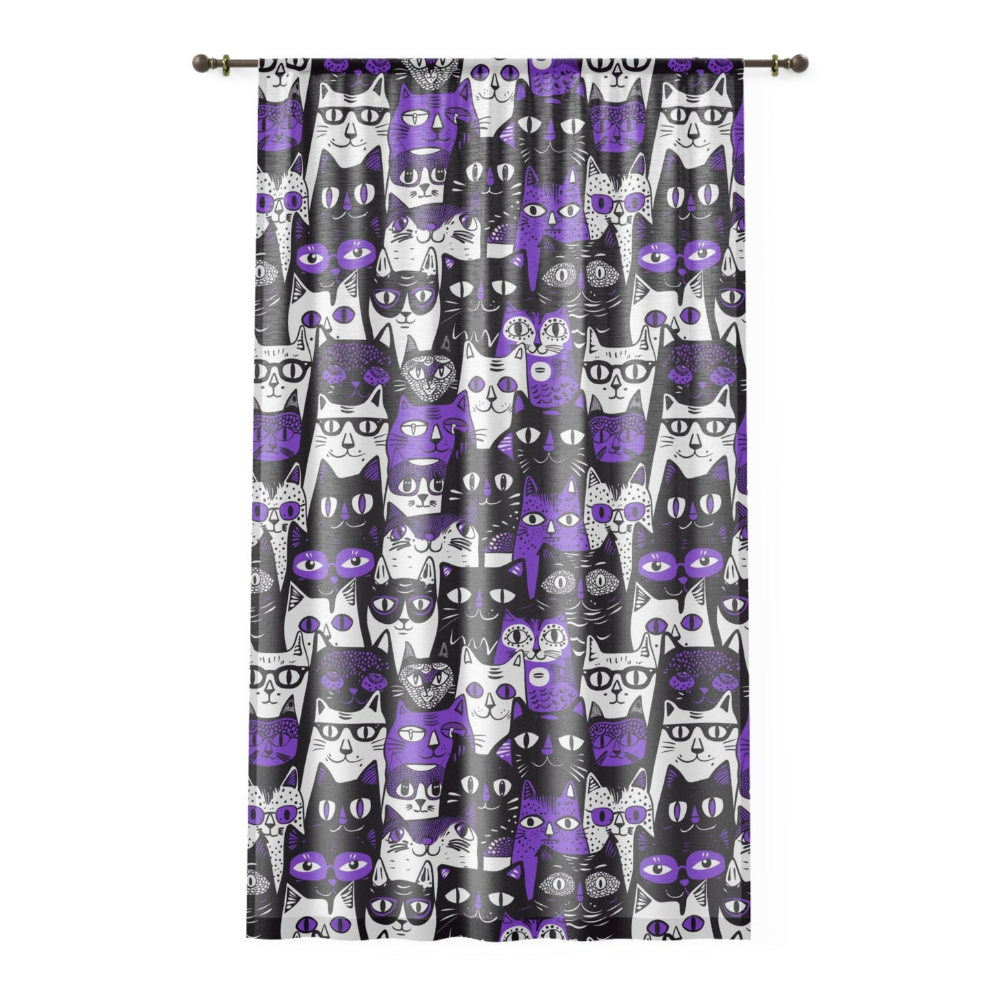 Purple Whimsical Cat Faces Window Curtain, 50" x 84" Animal Themed Matching Room Decor