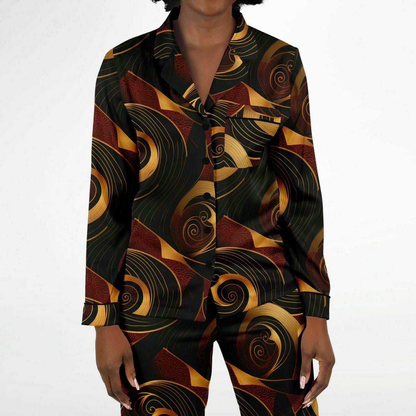 Crimson & Gold Womens African Ankara Print Satin Pajama Set, Plus Size Ladies African Print Loungewear