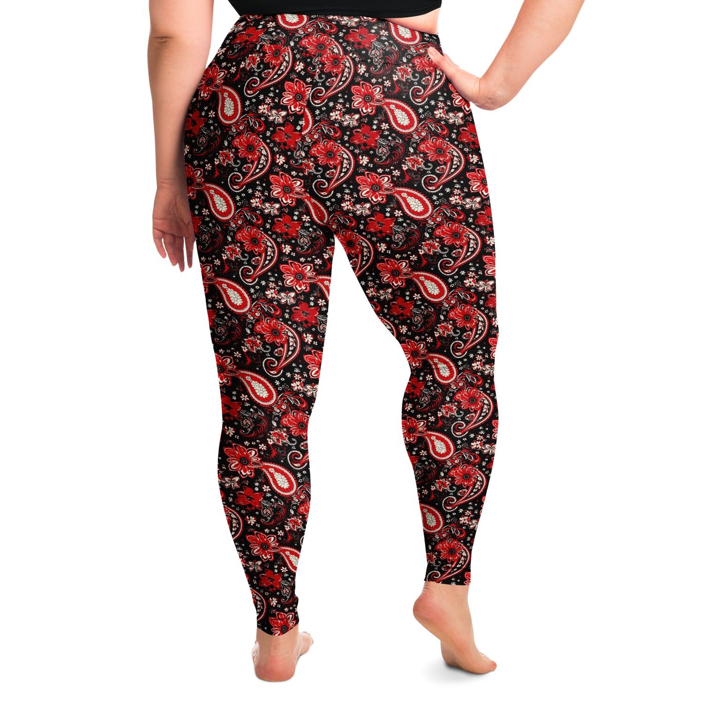 Red & Black Paisley Print Plus Size 2XL - 6XL Leggings, Red Bandana Print Curvy Yoga Pants