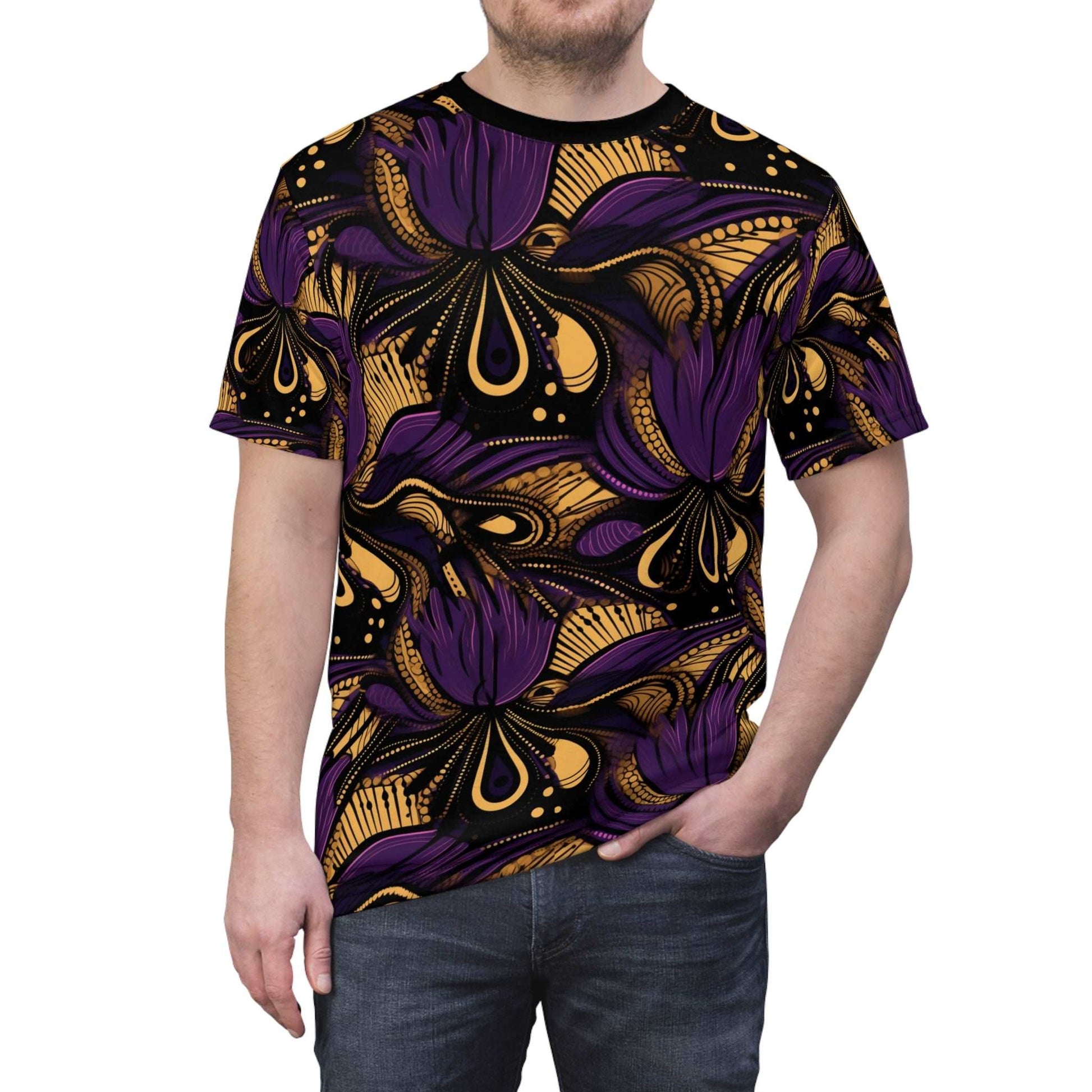 African Wax Print Ankara T-Shirt,  Purple, Gold, Black Ankara African Print Shirt