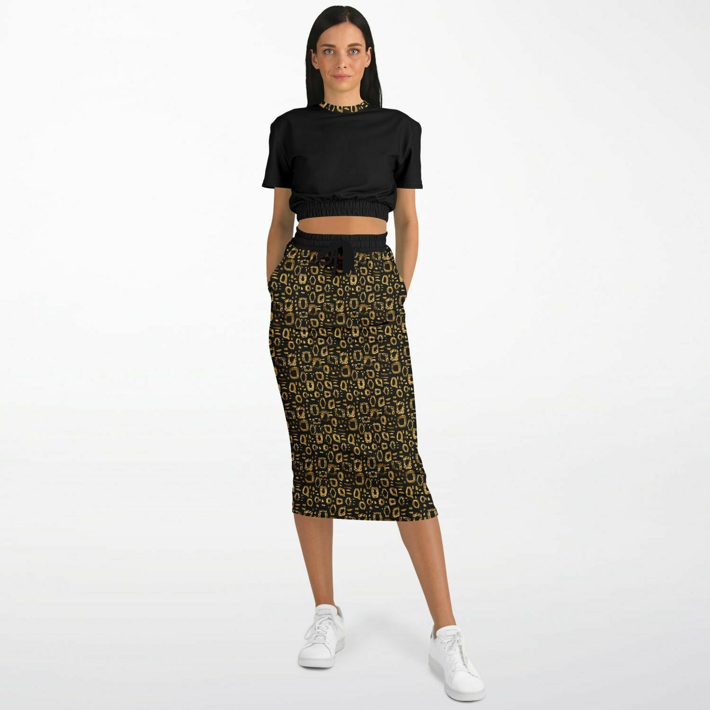 Leopard Print Cropped Sweatshirt and Pocket Skirt Set