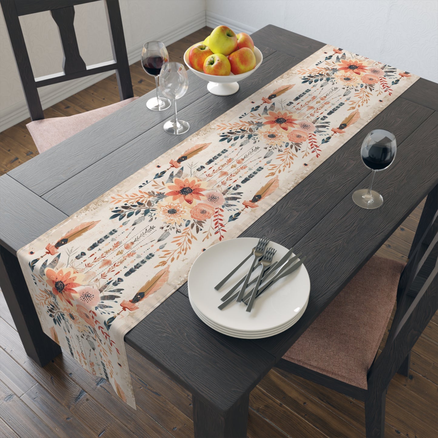 Boho Chic Table Runner – Earthy Floral and Feather Design in Cotton Twill or Polyester