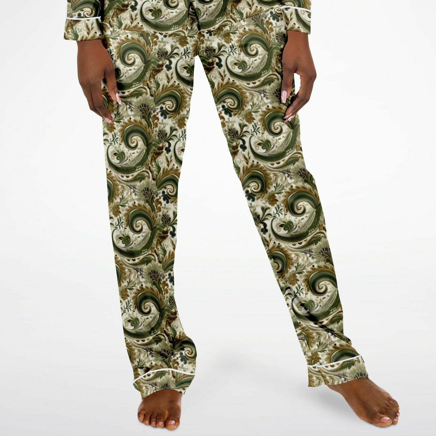 Green & Tan Paisley Print Women's Satin Pajama Set | Green Bandana Print Loungewear | Paisley Print Luxury Night Wear