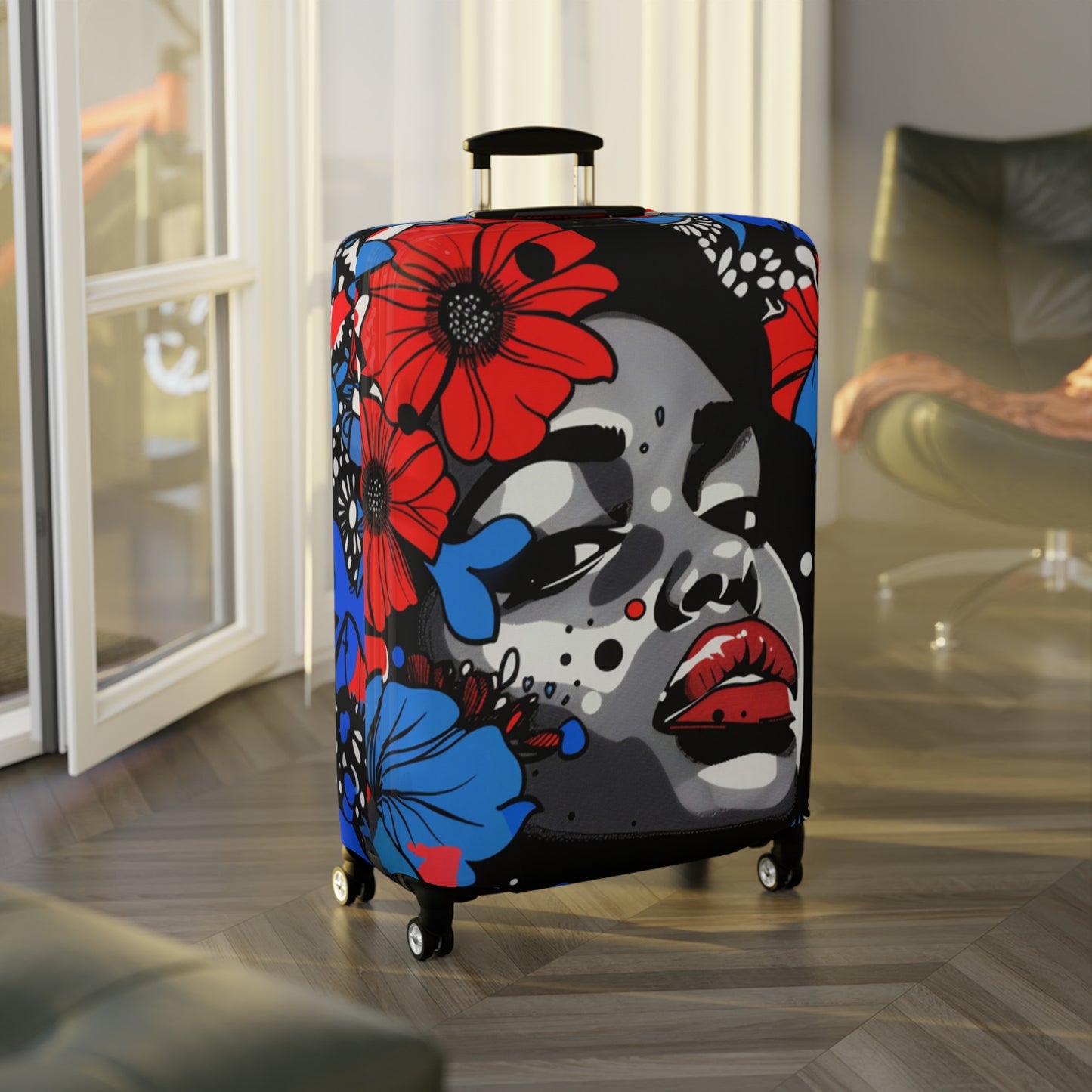 Afrocentric Floral Portrait Luggage Cover, Pop Art Streetwear Black Queen Suitcase Protector