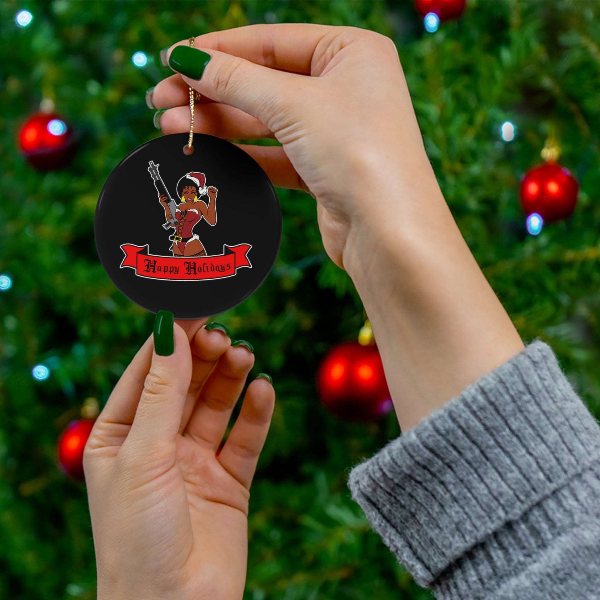 Armed Black Mrs Claus Holiday Christmas Tree Ornament,  Black Mrs Claus Holiday Decor