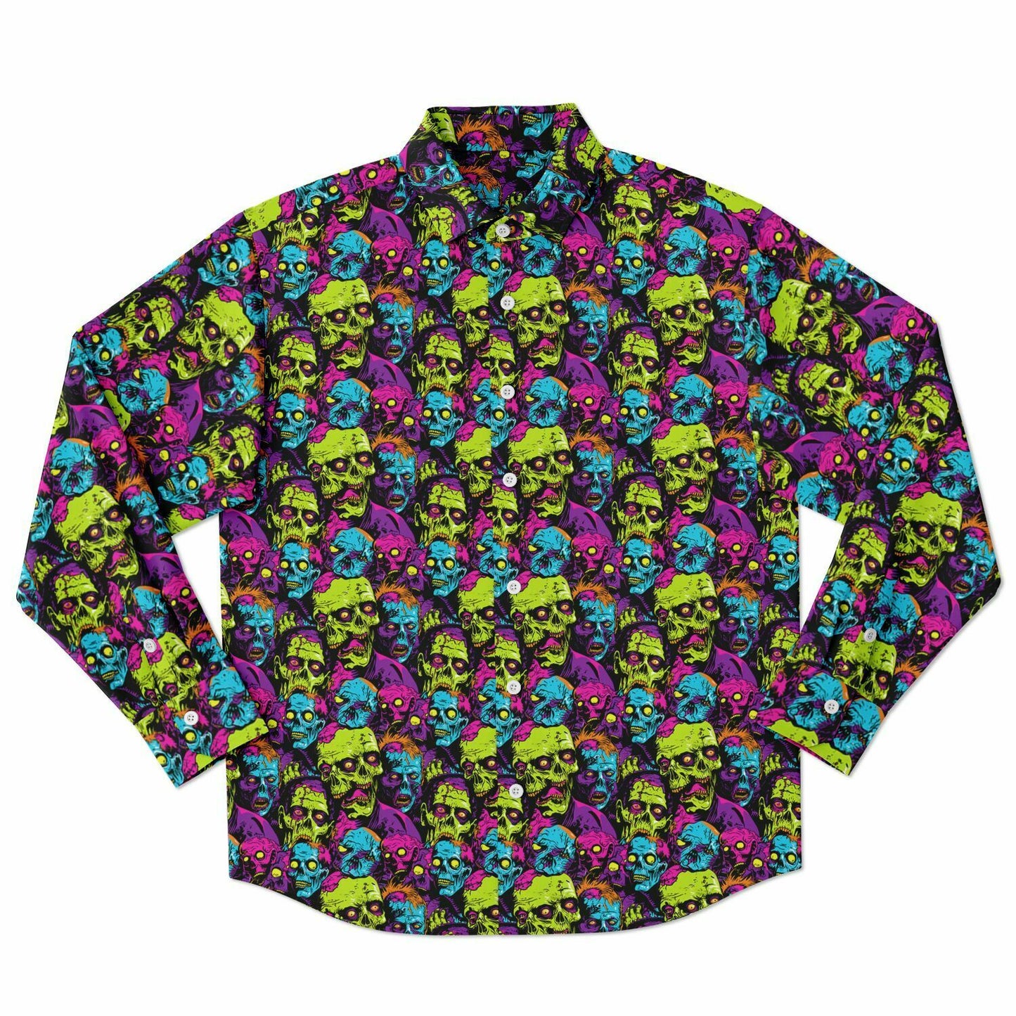 Bold Neon Zombie Horde Button Down Shirt, Comic Book Inspired Long Sleeve, Men’s Halloween Party Outfit