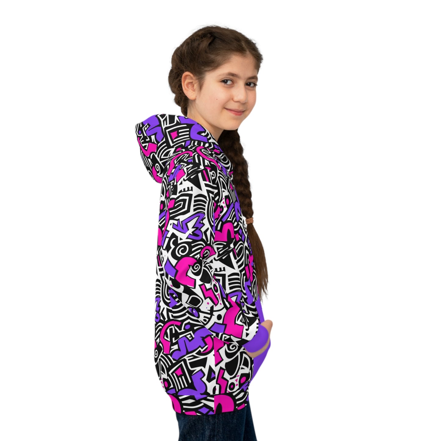 Colorful Memphis Pattern Kids Hoodie,  All-Over Print, Front Kangaroo Pocket