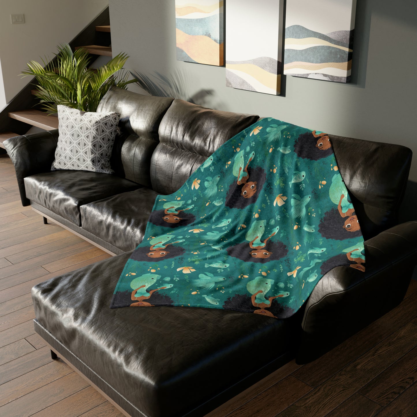 Black Mermaid Pattern Print Throw Cover, Mermaid Girls Throw Cover