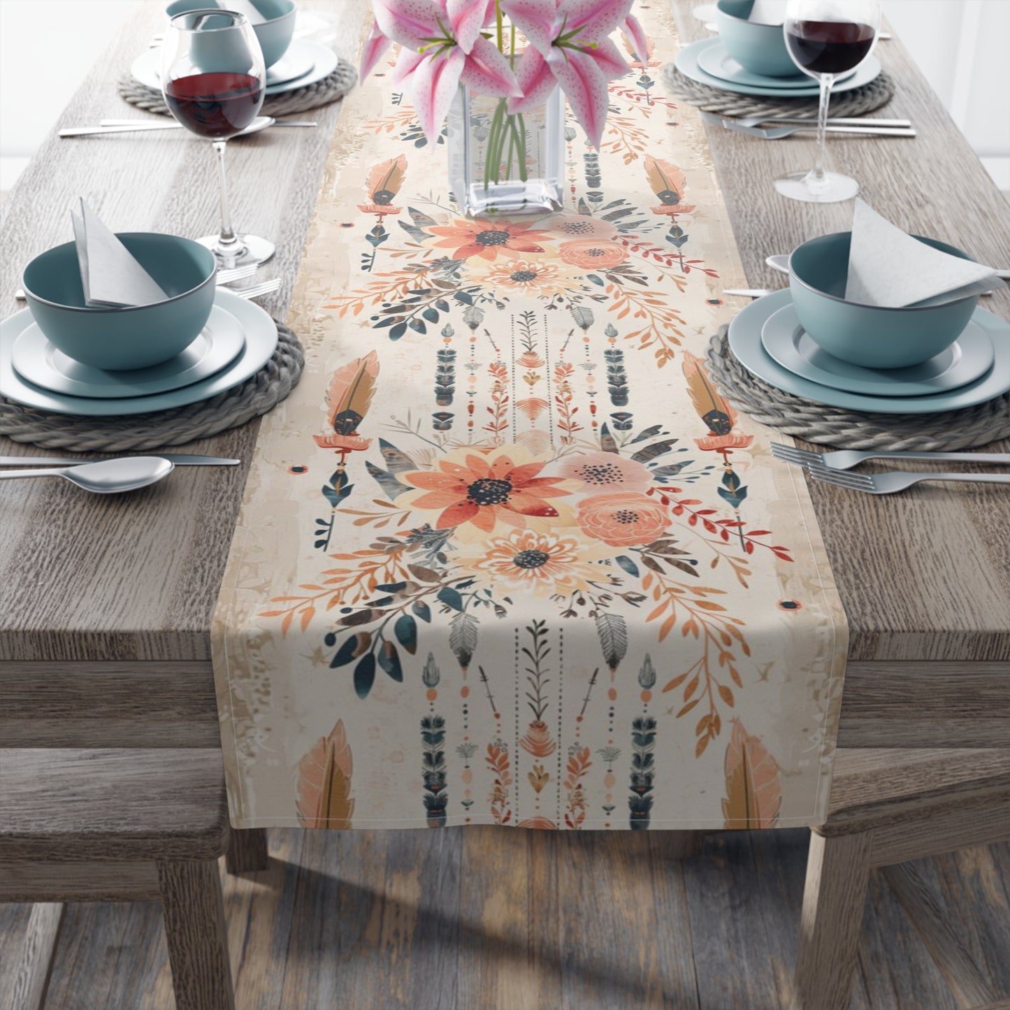 Boho Chic Table Runner – Earthy Floral and Feather Design in Cotton Twill or Polyester