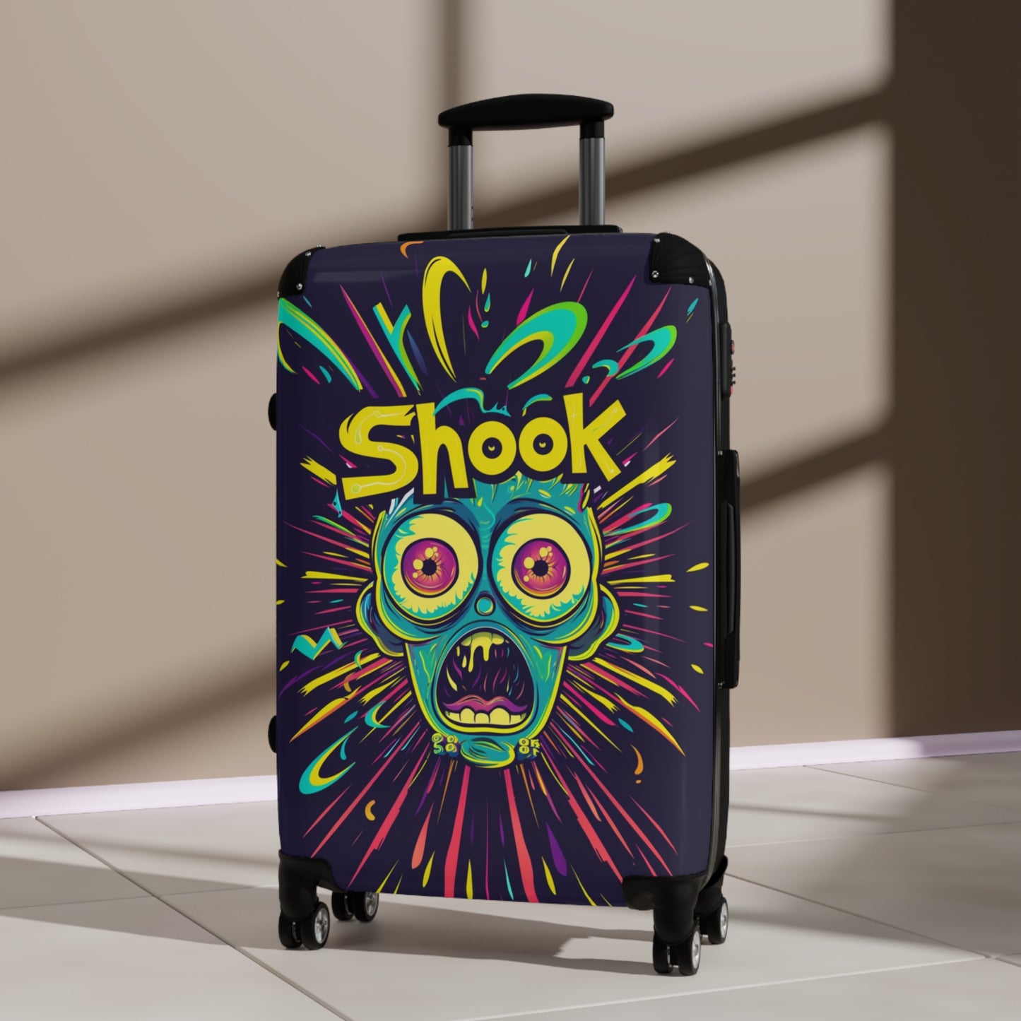 Urban Neon Pop Art "Shook" Rolling Luggage, Cartoon Streetwear Style Design, Personalized Travel Gear For Kids, Bold Fun Wild Art Suitcase