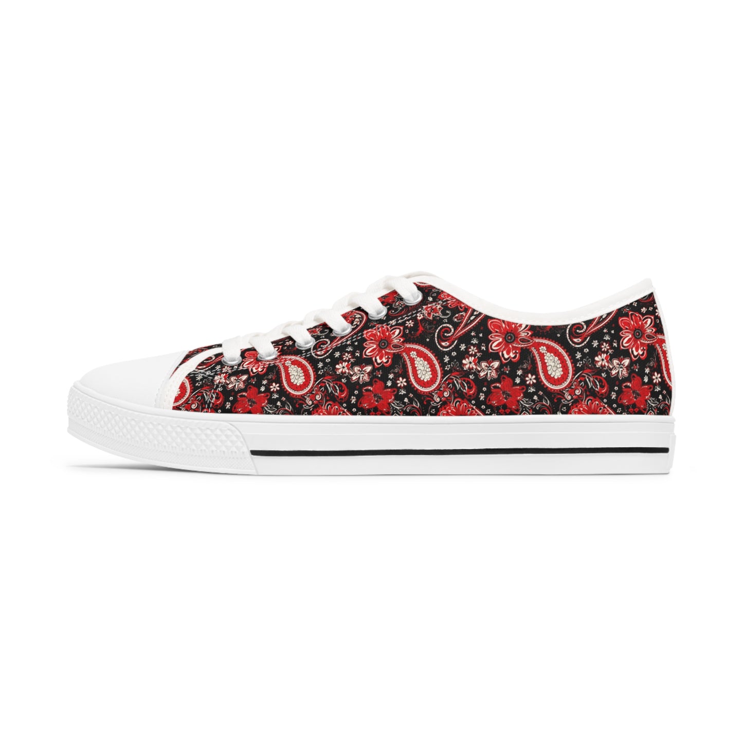 Black & Red Paisley Print Women's Low Top Sneakers, Stylish Paisley Pattern Sneakers