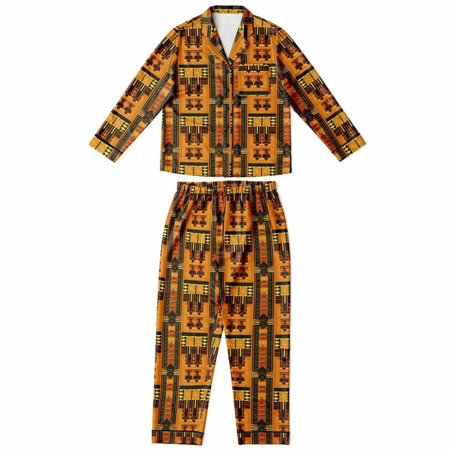 Golden Brown Afrofuturism African Print Women's Satin Pajama Set, Plus Size Luxury Nightwear