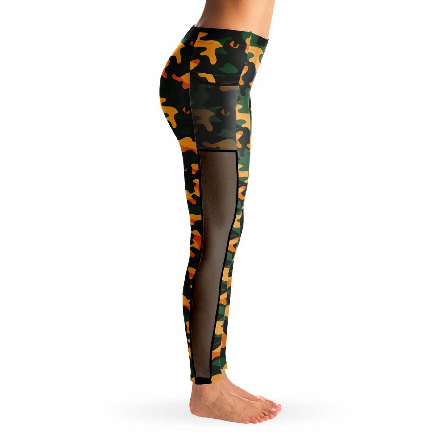 Urban Jungle Camo Women's Mesh Pocket Leggings - Trendy Orange and Green Workout Gear