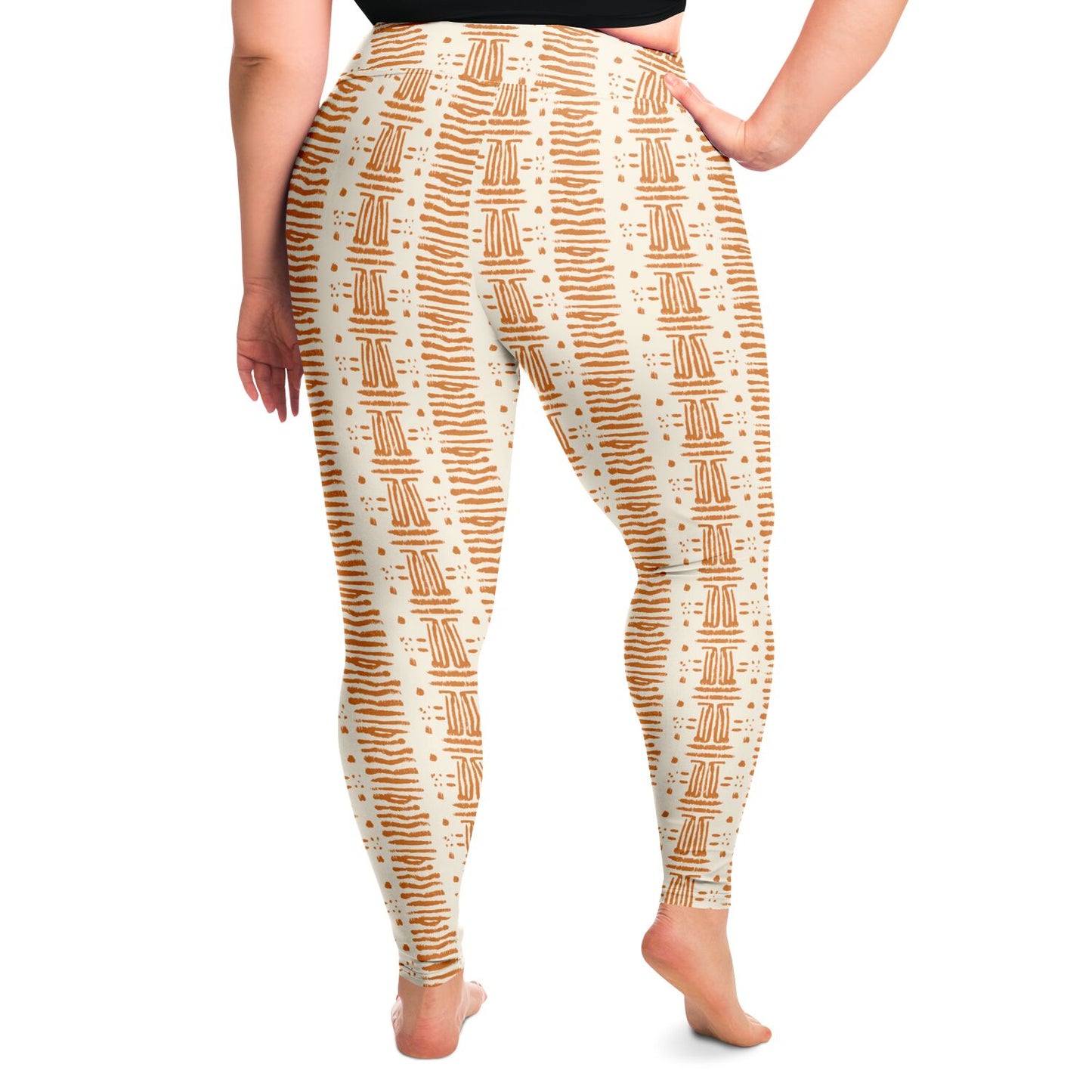 Rush & Cream Colored African Print Plus Size 2XL - 6XL Women's Leggings, Earth Tone Curvy African Print Activewear