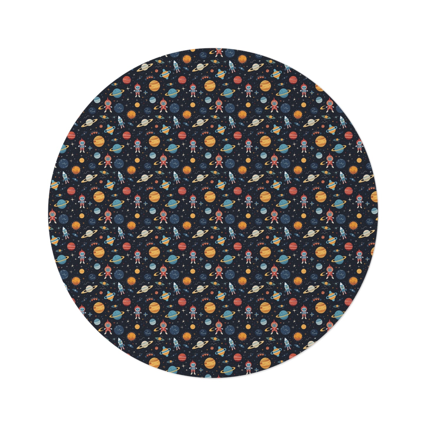 Stylish Space Theme 60" Round Chenille Rug, Kids Playroom Planets & Astronauts Decor