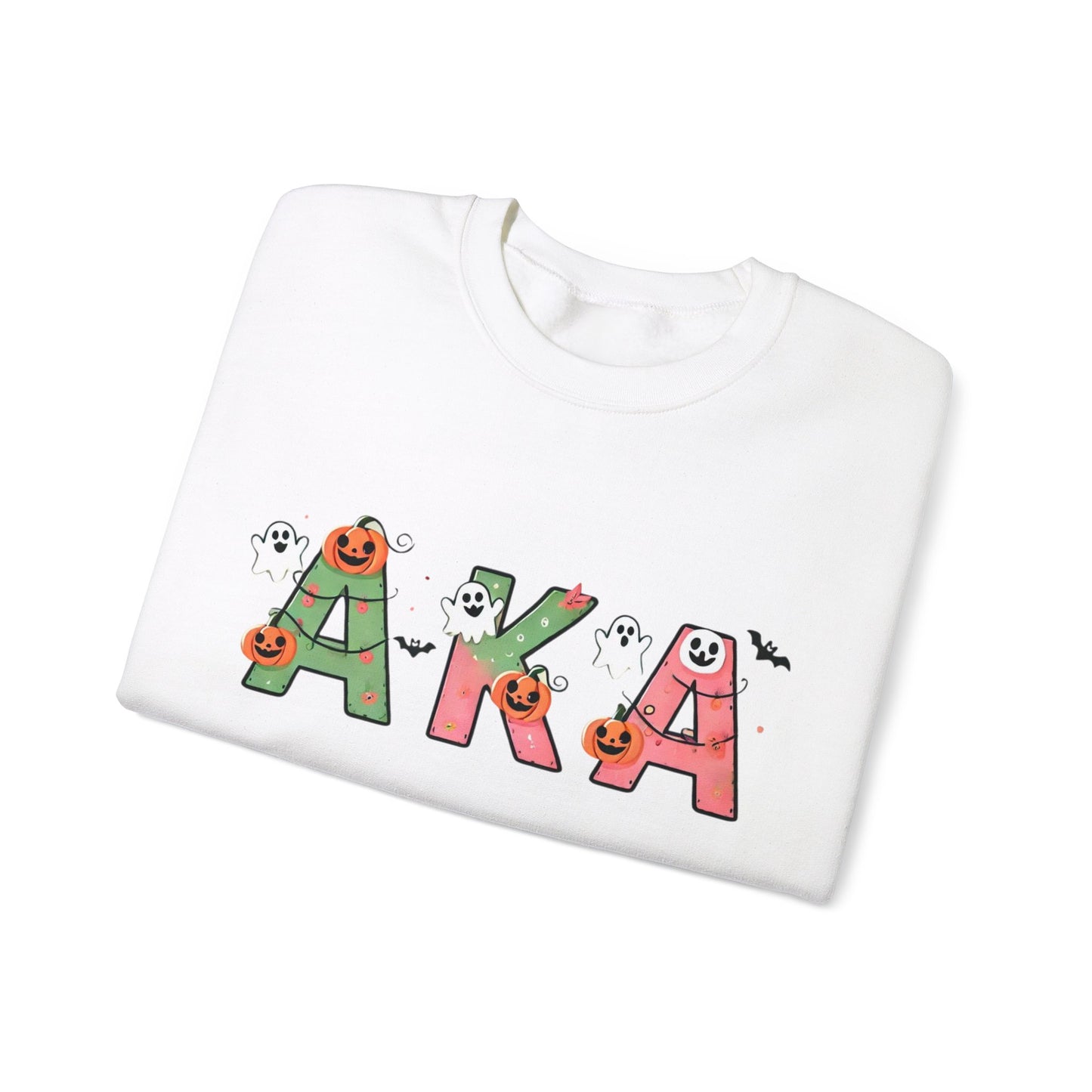 AKA Sorority Halloween Unisex Heavy Blend Crewneck Sweatshirt, Pink and Green Ghost Design