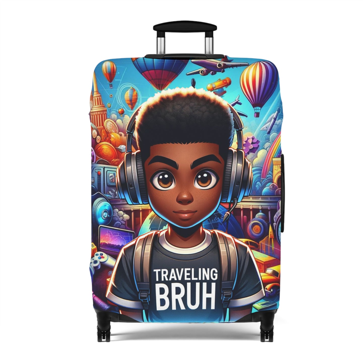 Traveling Bruh Moment Luggage Cover, Black Boy Joy Suitcase Protector