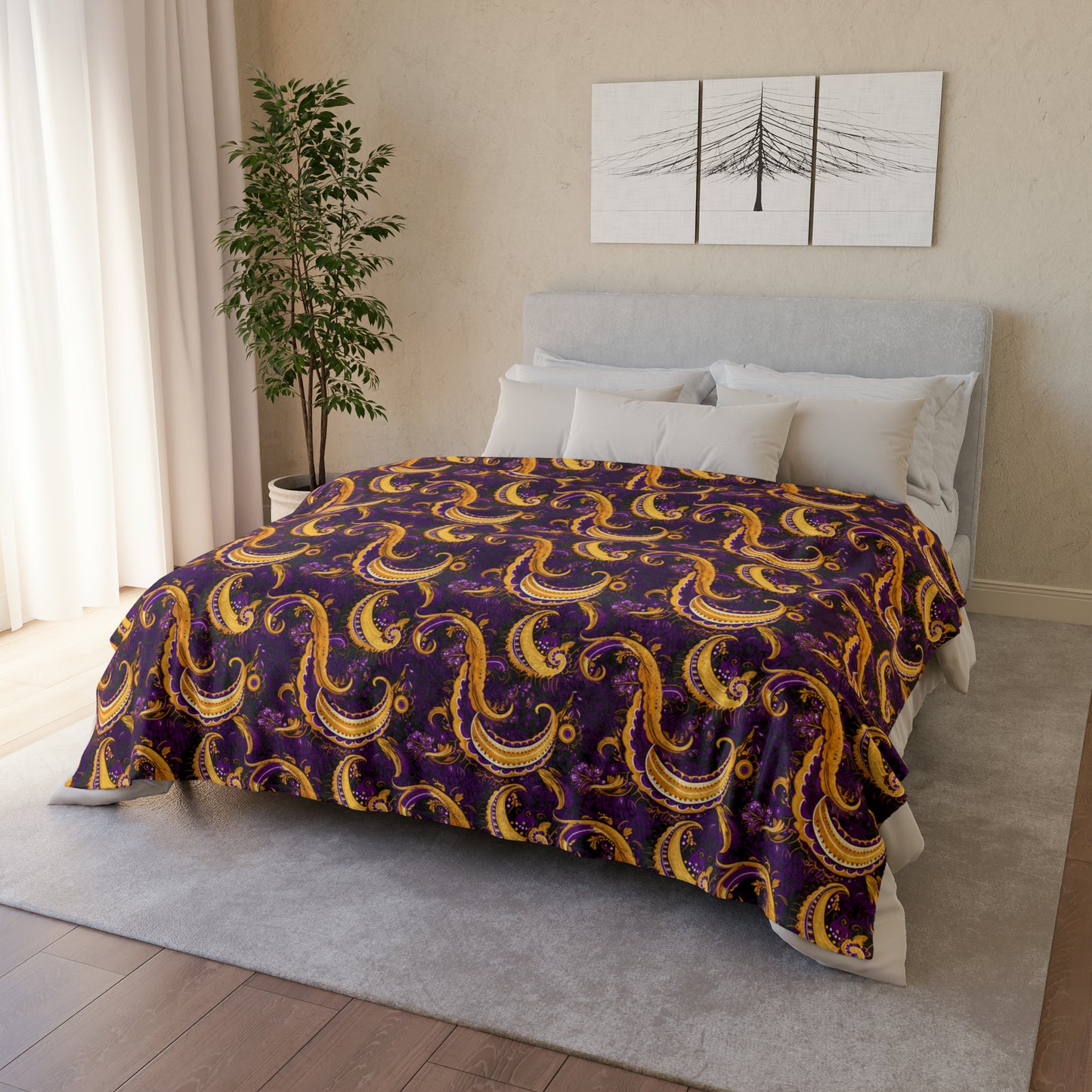 Purple & Gold Laker Fan Inspired Throw Cover, Purple and Gold Paisley Print Cover, Paisley Print Home Textiles