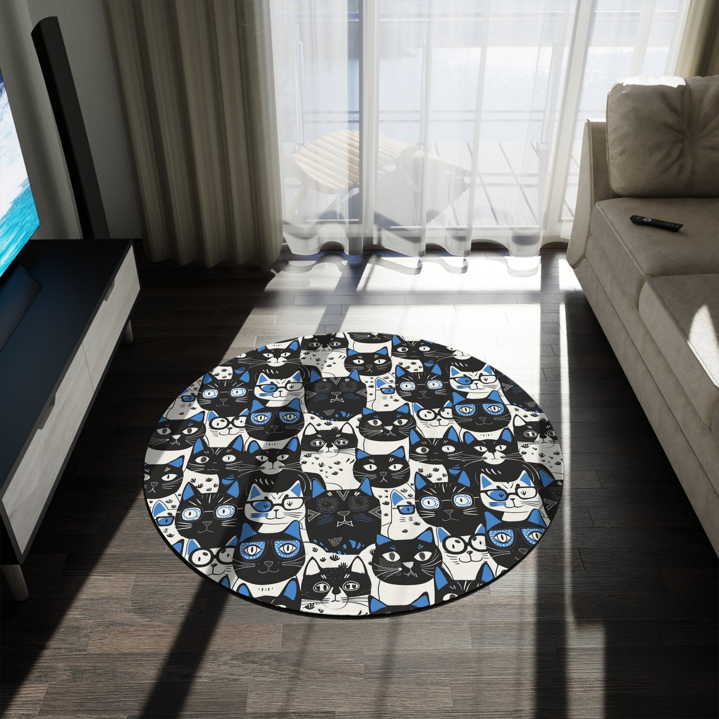 Blue Whimsical Cat Faces Round Rug,  Playful Black, White, and Pink Design , 60" Chenille Decorative Rug