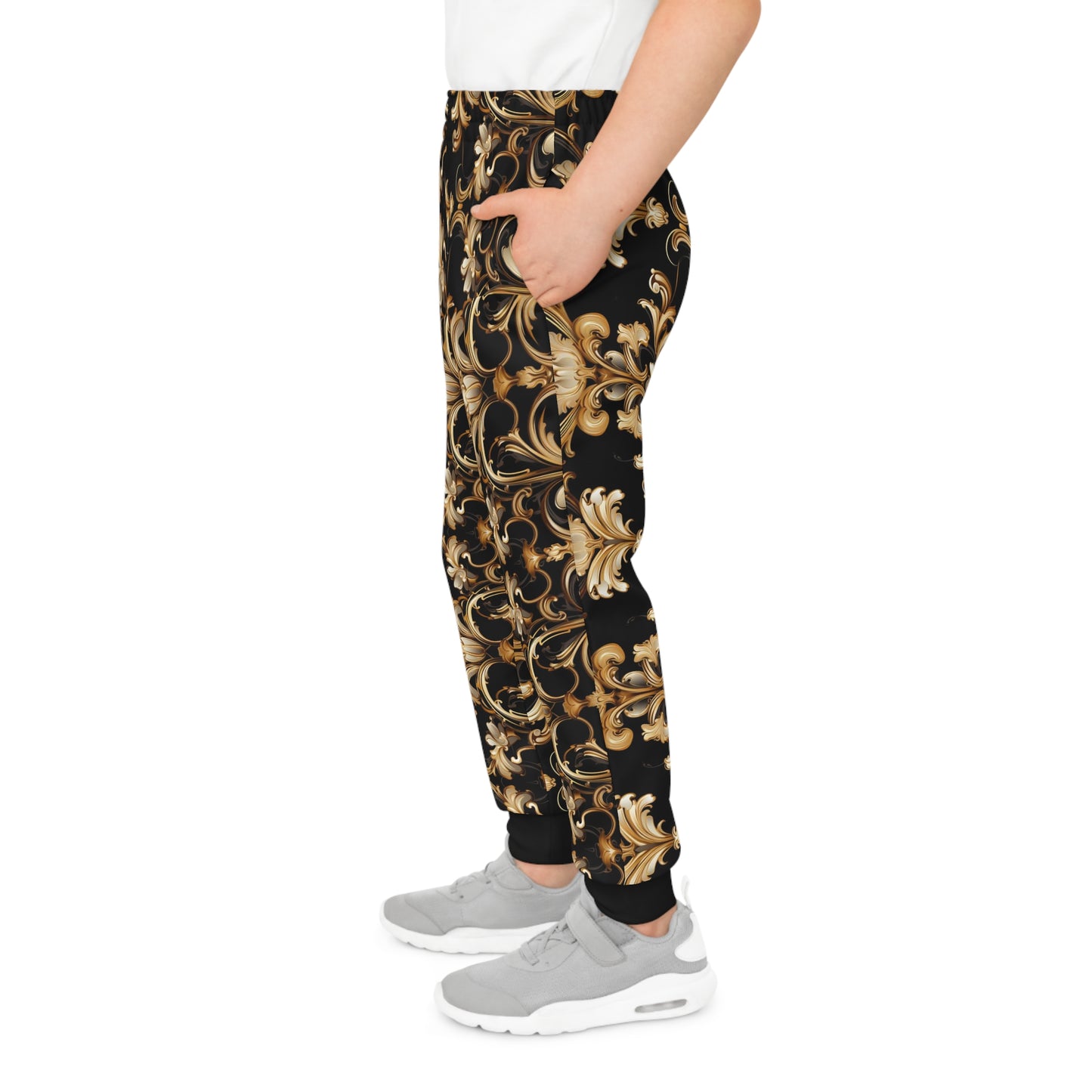 Baroque-Inspired Gold Print Kids Joggers, Urban Streetwear Style Bottom for Kids