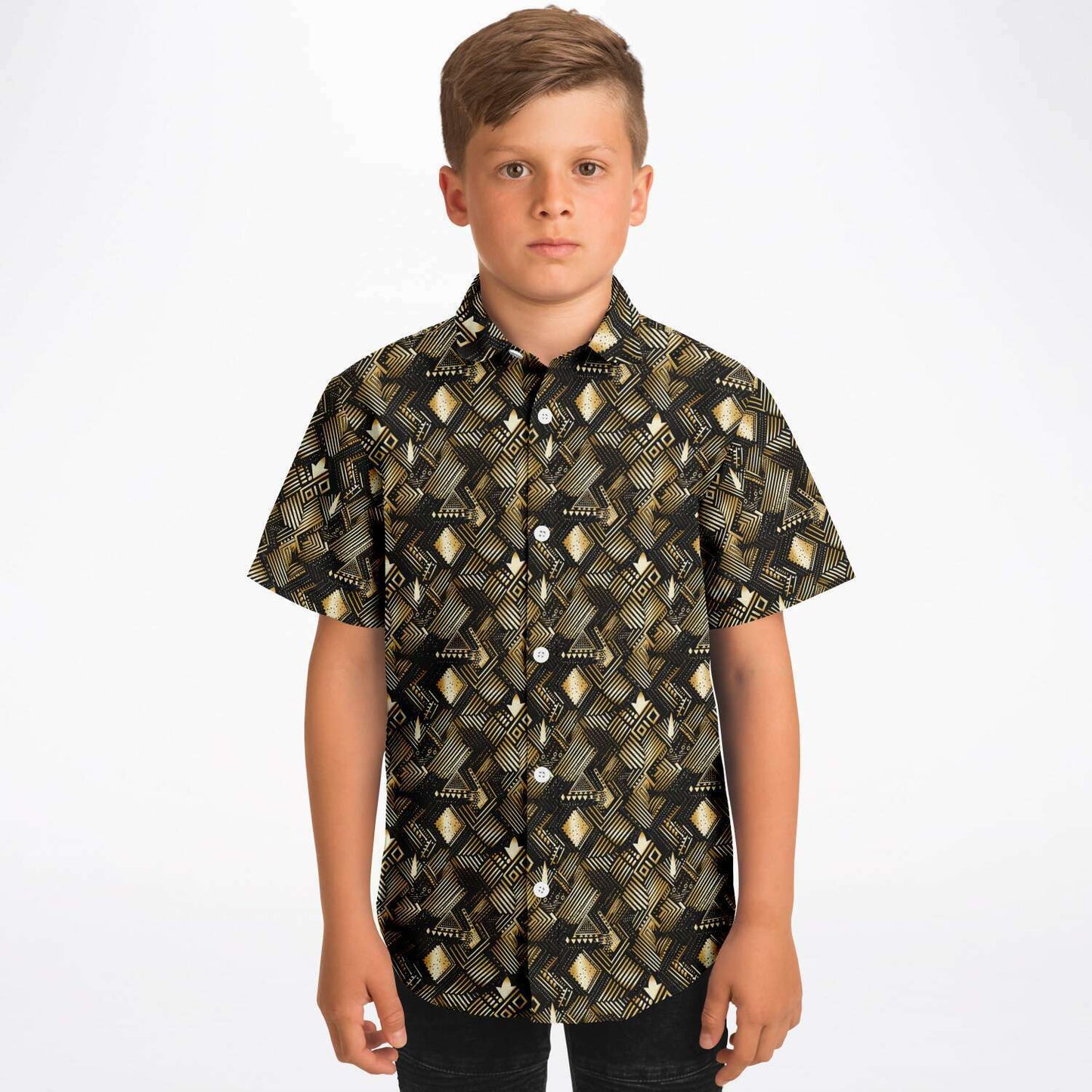 Gold & Black African Print Mud Cloth Short Sleeve Button Down Shirt | Youth Ethnic Print Button Down Shirt - Ships Free