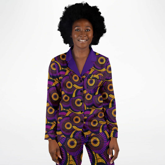 Purple and Gold African Wax Print Women's Satin Pajamas, Ethnic Print Luxury All-Over Print Lounge