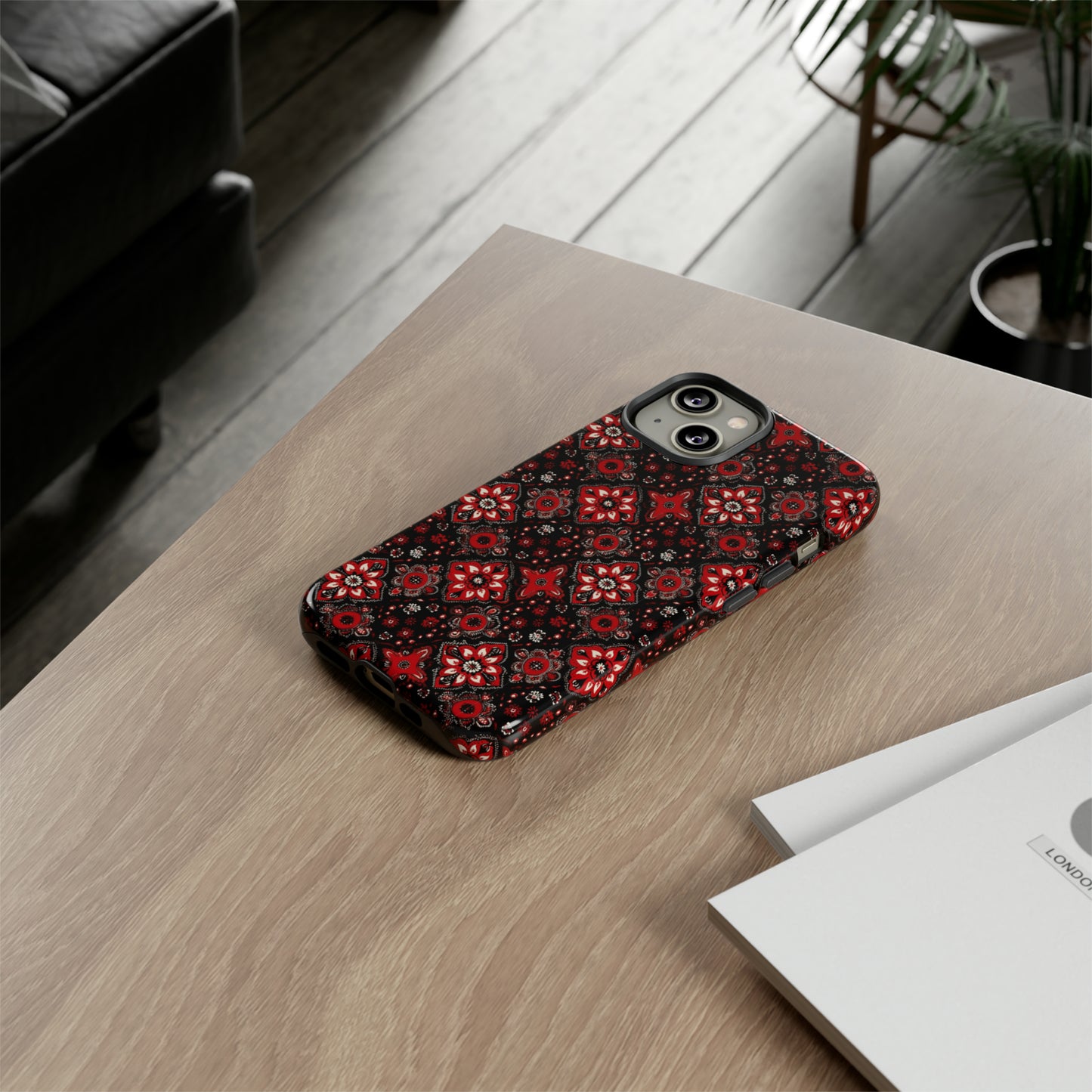 Rusticcore Red Paisley Print Tough Phone Case, Red Black Bandana Print Phone Case