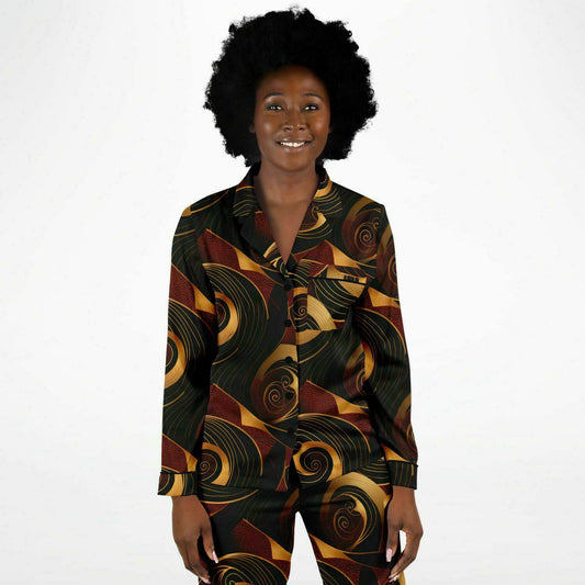 Crimson & Gold Womens African Ankara Print Satin Pajama Set, Plus Size Ladies African Print Loungewear