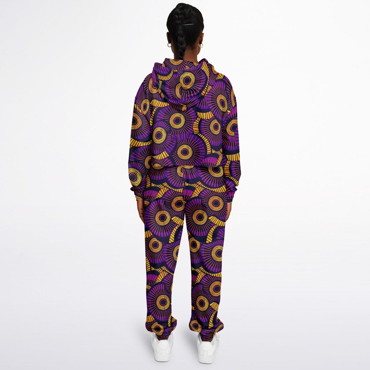 Purple and Gold Women's African Wax Print Tracksuit, Afrocentric Hoodie & Sweatpants