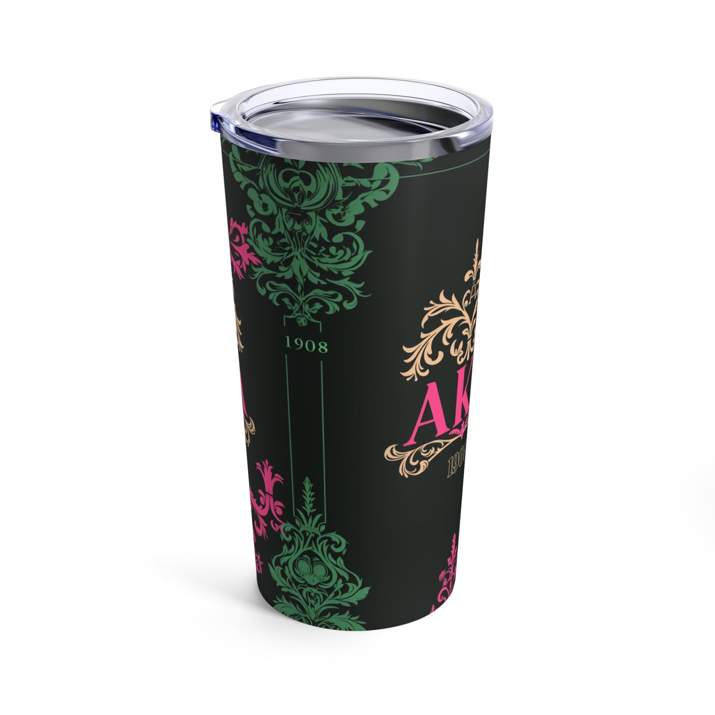 AKA Sorority Pink & Green 20oz Tumbler, Vacuum Insulated Greek Life Reusable Cup, Glossy Sorority Pattern Stainless Steel Cup