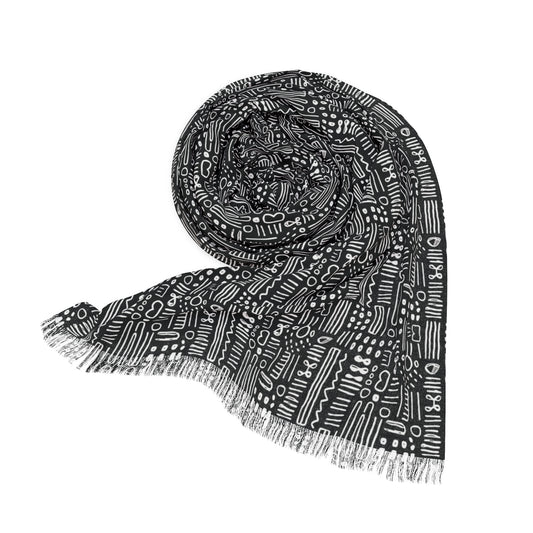 Black & White African Mud Cloth Print Lightweight Scarf, Women's Trendy Abstract Print Shall