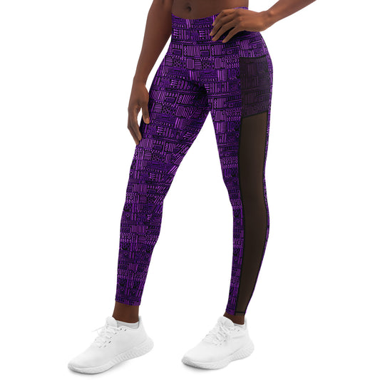 Women's Purple Bogolan African Print MeshPocket Leggings, African Pattern Workout Gear