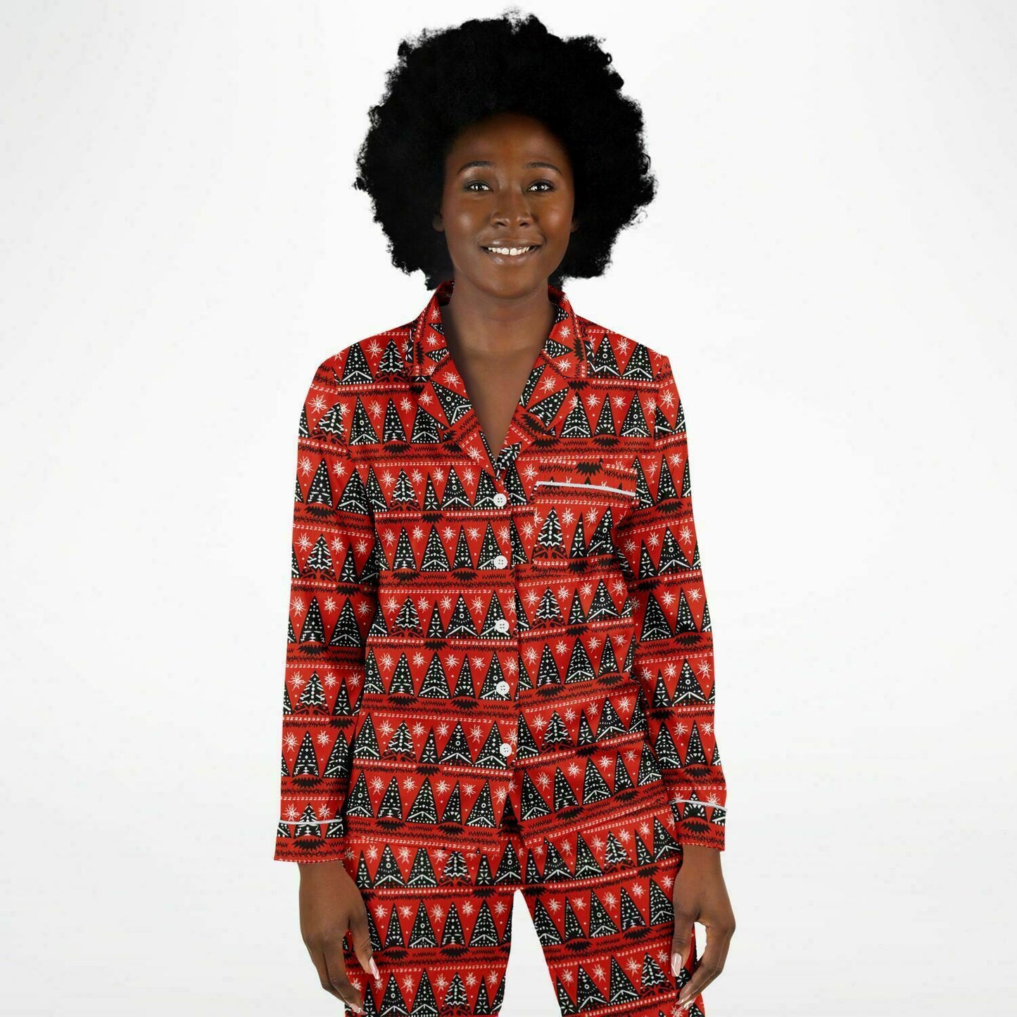 Women's African Print Christmas Tree Satin Pajama Set | African Print Luxury Sleepwear | Holiday Women's Pajama Set - Ships Free