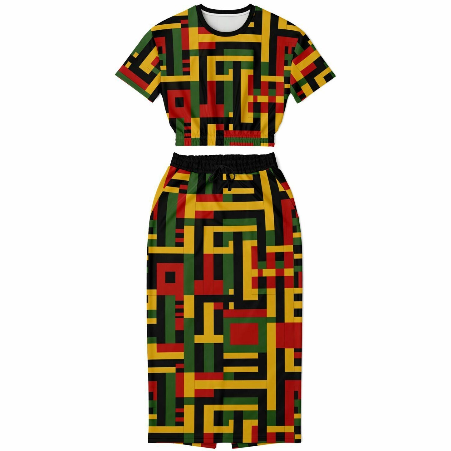 African Kente Cloth Women's Cropped Sweatshirt & Long Skirt Set, Ethnic Print Fashion