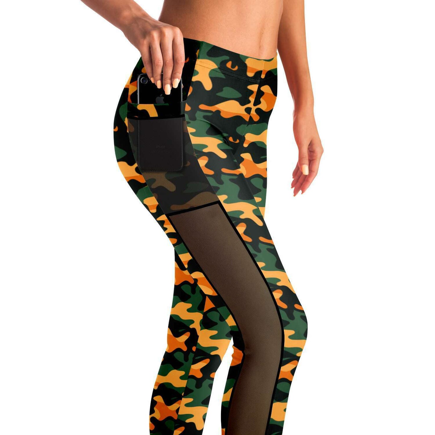 Urban Jungle Camo Women's Mesh Pocket Leggings - Trendy Orange and Green Workout Gear