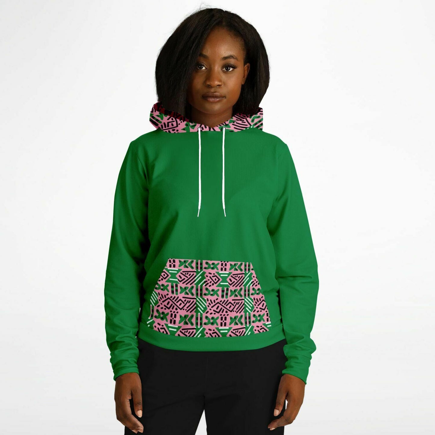 AKA Pink & Green Sorority Inspired African MudCloth Color Block Print Women's Athletic Hoodie, College Sorority Gift