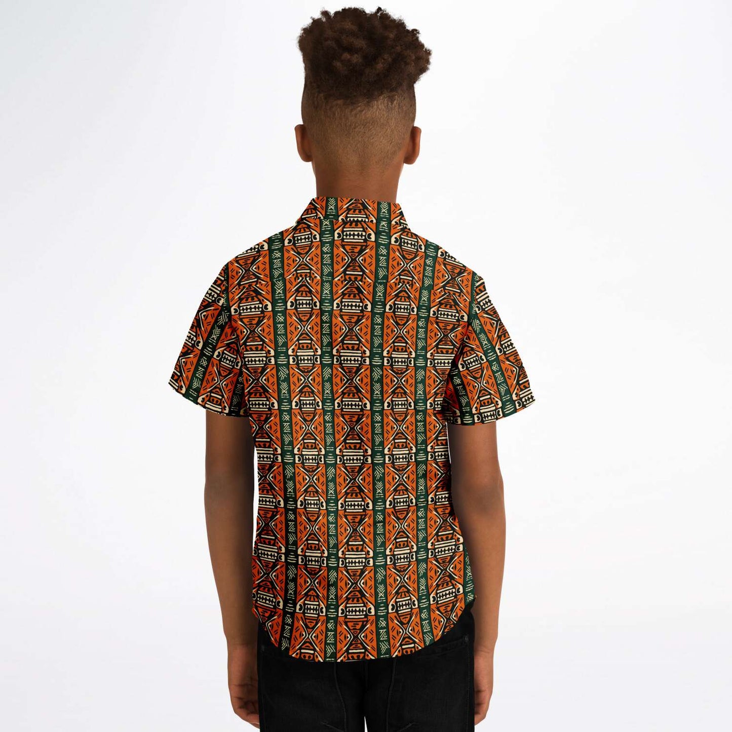 Green & Orange Traditional African Mud Cloth Boys Button Down Shirt