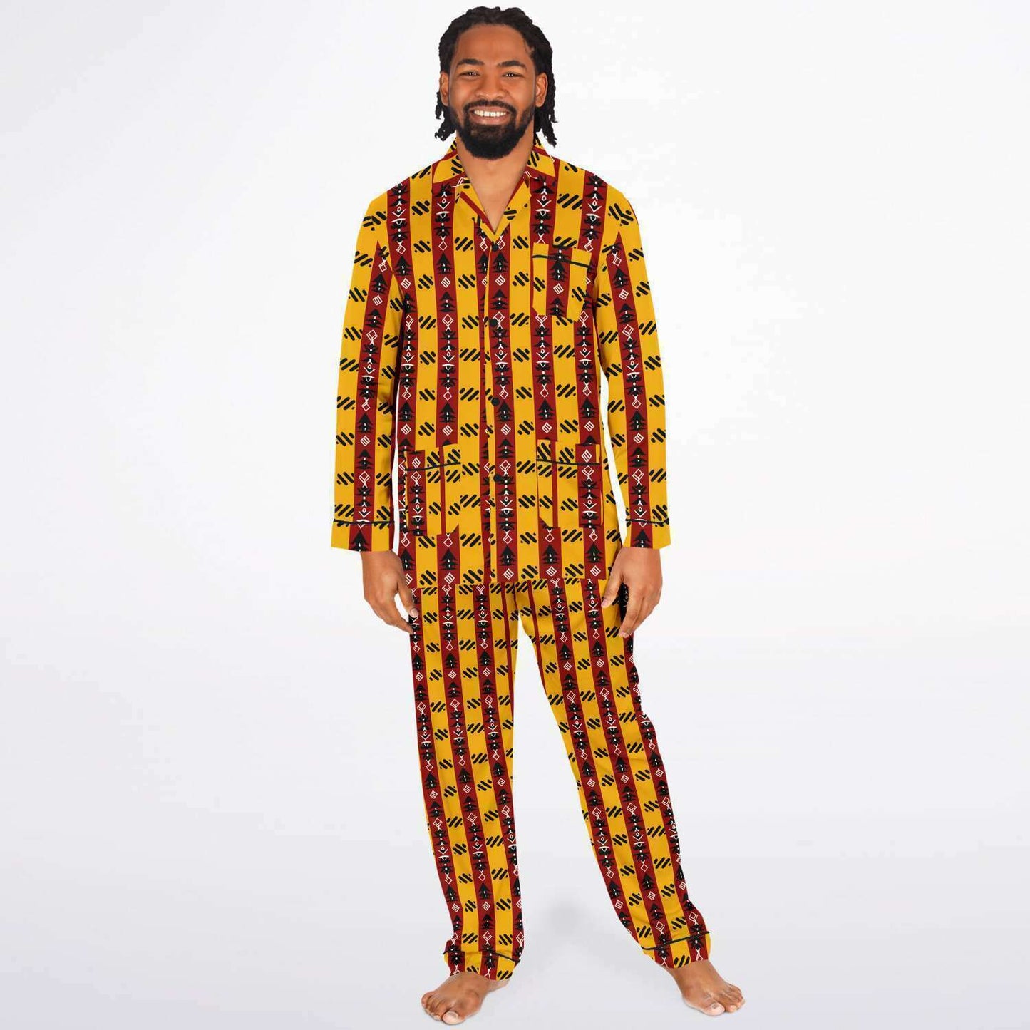 Cardinal & Gold College Colors Inspired Mens African Print Satin Pajama Set | Trojan Alum African Print Mens Sleepwear - Ships Free