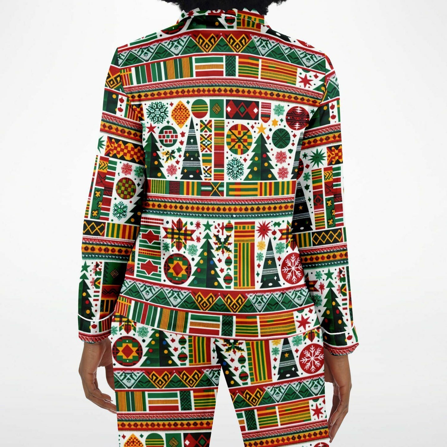 Kente Cloth Christmas Women's Satin Pajamas, Colorful Kente Cloth Christmas Themed Night Wear