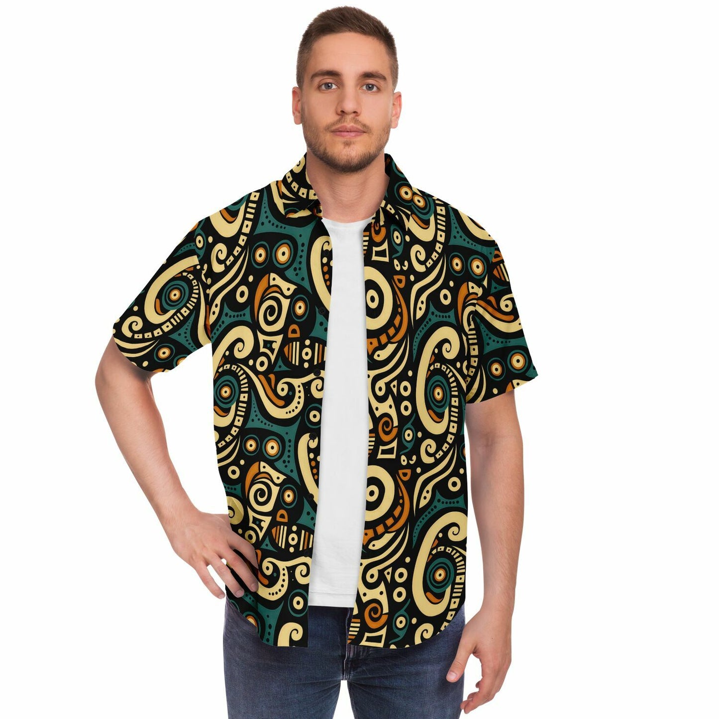 Afrocentric Art Print Short Sleeve Button Down Shirt, Teal & Burnt Sienna Retro Design