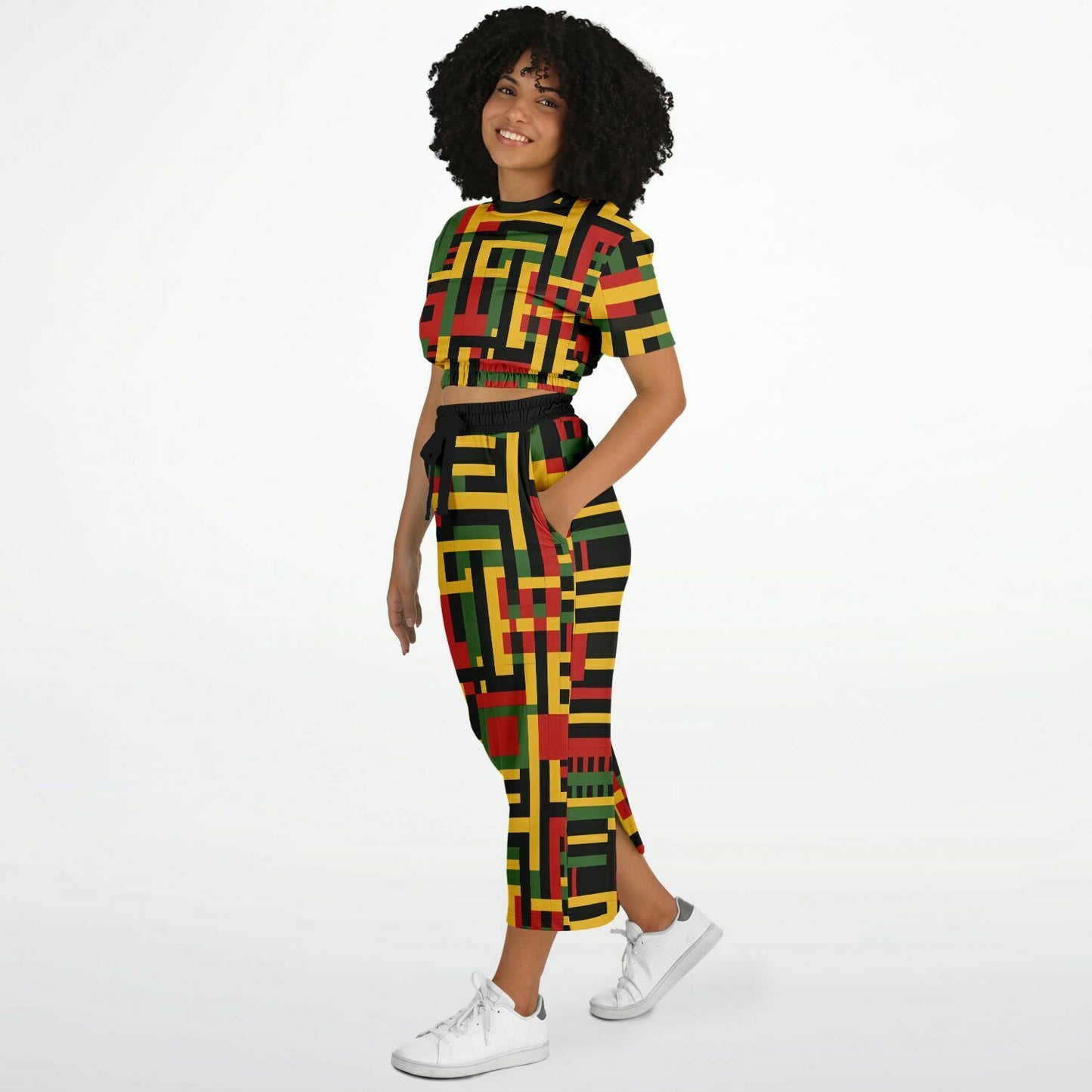 African Kente Cloth Women's Cropped Sweatshirt & Long Skirt Set, Ethnic Print Fashion