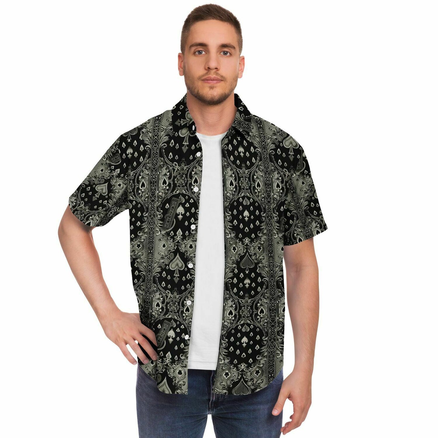 Ace of Spades Men's Short Sleeve Button Down Shirt, Black and Grey Poker Print