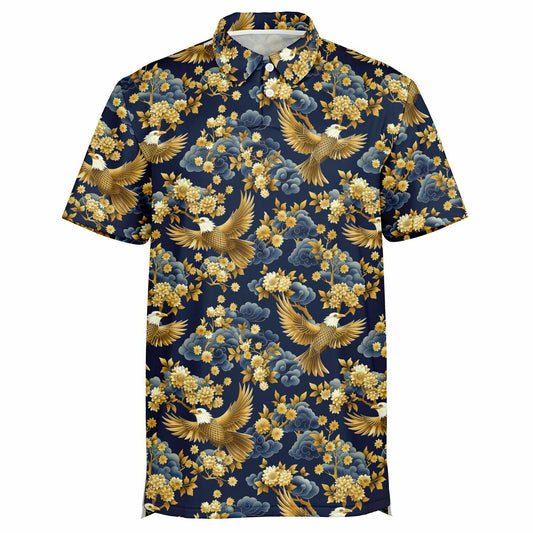 Patriotic Eagle Print Men's Polo Shirt, Navy & Gold Floral Golf Shirt