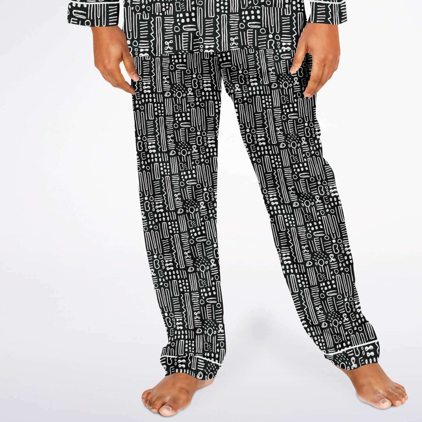 Black & White African Mud Cloth Men's Big and Tall Satin Pajama Set | Matching Tribal Print Family Pajamas